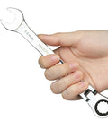 Hand holding 14mm Flexible Gear Wrench With 12 Point Flex Head For Tight Spaces, Industrial Grade Ratcheting Combination Wrench