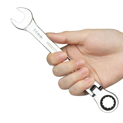 Hand holding 14mm Flexible Gear Wrench With 12 Point Flex Head For Tight Spaces, Industrial Grade Ratcheting Combination Wrench
