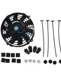 Universal 7 Inch Slim Radiator Cooling Fan With Ten Rugged Blades And 12 Volt Electric Push Pull Layout includes fan, mounting kit and accessories.