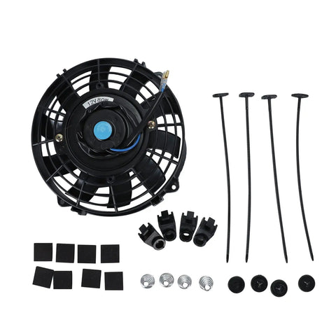Universal 7 Inch Slim Radiator Cooling Fan With Ten Rugged Blades And 12 Volt Electric Push Pull Layout includes fan, mounting kit and accessories.