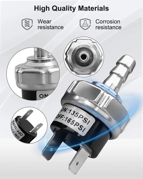 Air Compressor Pressure Switch 135 165 Psi 120V Replacement For 30 Gallon Tanks, shown close-up with hose barb detail.