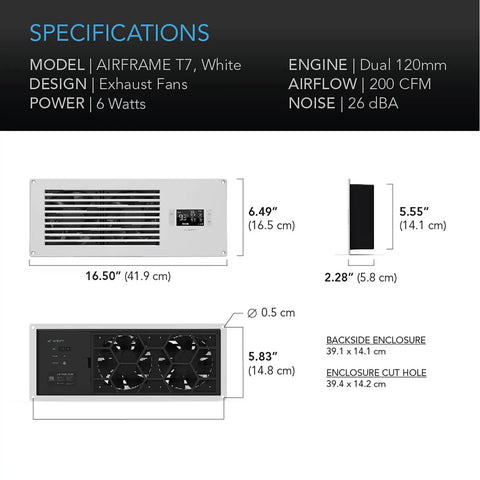 Diagram of Airframe T7 White 17 Inch High Airflow AV Gear Cooling Fan System with measurements and specifications.