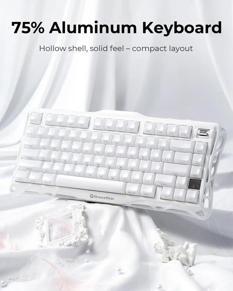 75 Percent Wireless Mechanical Gaming Keyboard With Dynamic Rgb Backlighting And Solid Aluminum Alloy Build In Clean Moonlight White Finish Providing Textured Pbt Keycaps For Locked In Gameplay That Hits Different on elegant backdrop.