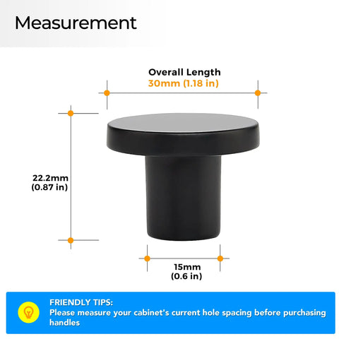 Measurements of 10 Pack Black Round Cabinet Knobs For Kitchen Cabinets, Dressers, Drawers, And Closet Doors, 1-1/5 Inch