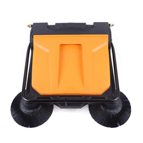 Heavy Duty 26 Inch Walk Behind Floor Sweeper Foldable Workhorse For Warehouse Street And Garage Easy Manual Push Operation, top view.