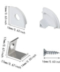 LED Channel Aluminum Track Kit With 24 Pieces Mounting Clips, End Caps, Diffuser, And Screws showing dimensions and details