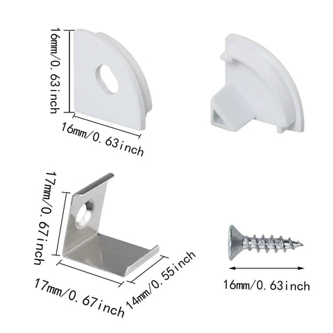LED Channel Aluminum Track Kit With 24 Pieces Mounting Clips, End Caps, Diffuser, And Screws showing dimensions and details