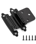 Matte black semi-concealed face mount cabinet hinges with screws, part of 60 Pack 30 Pairs One Half Inch Overlay Cabinet Hinges Kit.