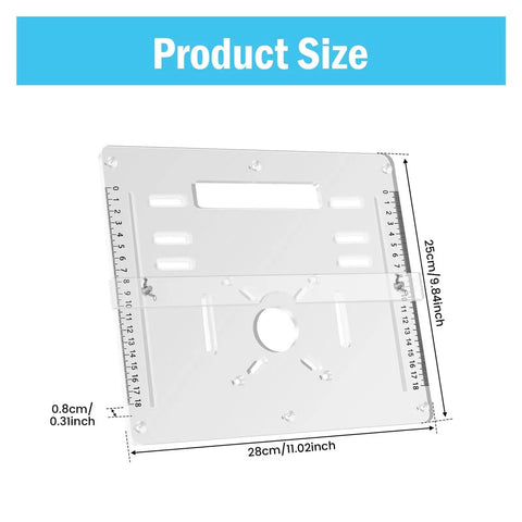 Rock Solid Router Table Insert Plate And Acrylic Trimming Machine Flip Plate For Heavy Duty Woodworking Projects With Knockout Precision And Zero Sweat Alignment Every Time, 28x25cm acrylic surface with measurement lines.