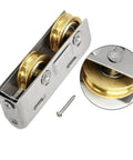 Heavy Duty 6 Piece Sliding Door And Window Pulley Kit With Silent Double Copper Wheels showing metal frame and copper wheels.