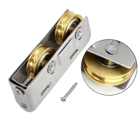 Heavy Duty 6 Piece Sliding Door And Window Pulley Kit With Silent Double Copper Wheels showing metal frame and copper wheels.