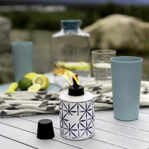 Tie Dye Glass Tabletop Torches 3 Pack For Outdoor Patio, Backyard And Garden Lighting, Portable Citronella Table Torches In Blue, 5.75 Inch