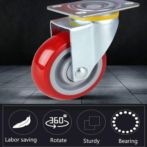 Set Of Four Heavy Duty Swivel Furniture Casters With Secure Brakes For Smooth As Butter Rolling On Wood And Carpet Floor Saving Heavy Hitter Design Upgraded Roll Ease Guarantee close-up of red poly wheel caster with steel bracket and 360 rotation.