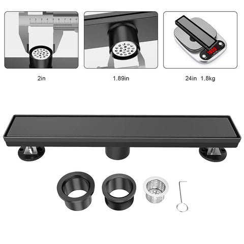 Matte Black 24 Inch Linear Shower Floor Drain With Dual Tile Insert Cover For Seamless Install Reversible 2-In-1 Design Fast Water Flow 304 Stainless Steel CUPC Certified Slick Bathroom Upgrade, showing components and measurements