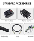 Standard accessories for Heavy Duty Cordless Backpack Airless Paint Sprayer, including battery, power source, hose, and airbrush.