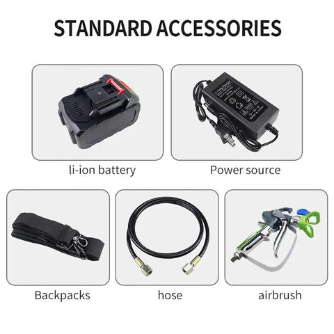 Standard accessories for Heavy Duty Cordless Backpack Airless Paint Sprayer, including battery, power source, hose, and airbrush.