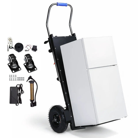 Heavy Duty Electric Stair Climbing Cart With 1500W Motor Handles Up To 880lbs for moving a refrigerator, includes wheels and accessories.