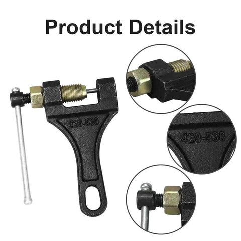 Close-up of Rugged Chain Breaker Tool for Motorcycles, ATVs. Details of 420 to 530 roller chains and anti-slip grip design.