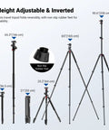 Overhead Camera Tripod With Ball Head And Flexible Center Column Tall 90 Inch Metal DSLR Video Stand displayed in folded and extended positions.