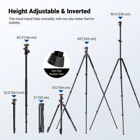 Overhead Camera Tripod With Ball Head And Flexible Center Column Tall 90 Inch Metal DSLR Video Stand displayed in folded and extended positions.