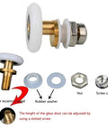 Close-up of Copper eccentric wheel in Score These Bad Boy Shower Door Rollers Replacement Kit with rubber washers and nuts.