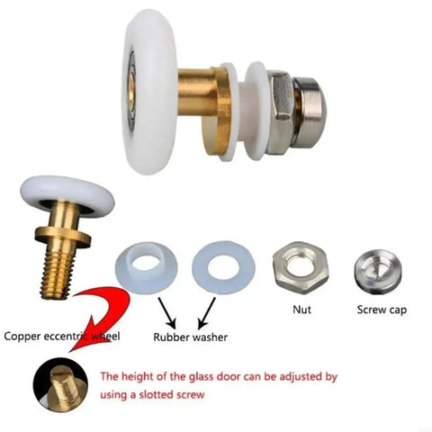 Close-up of Copper eccentric wheel in Score These Bad Boy Shower Door Rollers Replacement Kit with rubber washers and nuts.