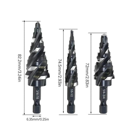 Rock Your DIY Projects With This 3 Piece Step Drill Bit Set Feat 1/4 Inch Hex Shank For High Speed Drilling In Wood And Plastic Plus No More Changing Bits Just Get It Done! 3 step bits with size marks