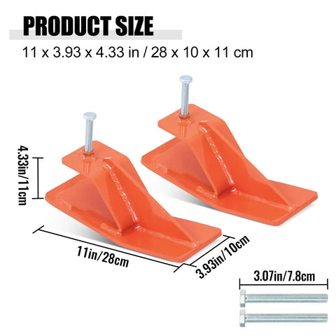 Beefy Heavy Duty Tractor Bucket Edge Protectors Set Of 2, steel skid guards, rugged orange with size dimensions shown.