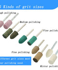 Assorted Polishing Bits And Buffing Wheel Kit For Rotary Tools 100 Pieces Includes Corundum Sand Sesame Cowhide Rubber And Wool Materials Two Shapes Cylinder And Bullet Size Options 4mm 5mm 6mm 8mm 10mm One Eighth Inch Shank Fits Dremel showing five kinds of grit sizes for polishing.