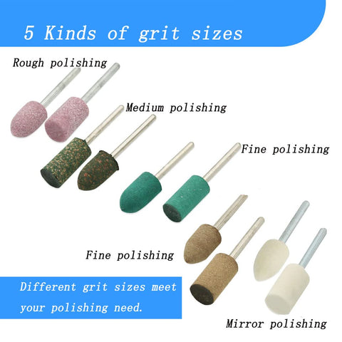 Assorted Polishing Bits And Buffing Wheel Kit For Rotary Tools 100 Pieces Includes Corundum Sand Sesame Cowhide Rubber And Wool Materials Two Shapes Cylinder And Bullet Size Options 4mm 5mm 6mm 8mm 10mm One Eighth Inch Shank Fits Dremel showing five kinds of grit sizes for polishing.