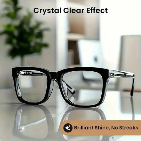 Eyeglass Scratch Remover Kit 30g for Lenses and Sunnies with Sponge Restorative Cleaning Paste shown with clear glasses on table.