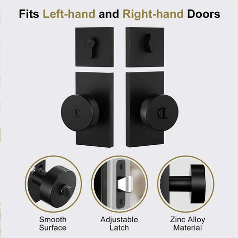Front view of Matte Black Exterior Door Knob And Deadbolt Set Built Tough Heavy Duty Zinc Alloy Front Door Lock, with adjustable latch.