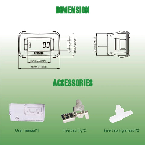 Digital AC DC Hour Meter 5V to 277V Waterproof Time Counter for Equipment and Machines Tracks Run Time to 9999.9 Hours Ideal for Maintenance Scheduling Preventive Care and Smart Downtime Tracking for Real World Gear. Dimension diagram and accessories