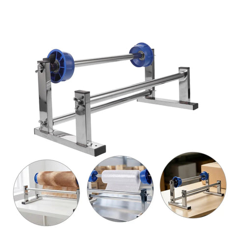 Manual Roll Film Dispenser For Stretch Wrapping Film And Cargo Packaging Supplies, stainless steel frame with blue rollers