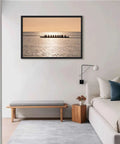 Sunset Rowing Team Canvas Print With Ocean Silhouette Minimalist Wall Art For Living Room And Office framed in black 24x36