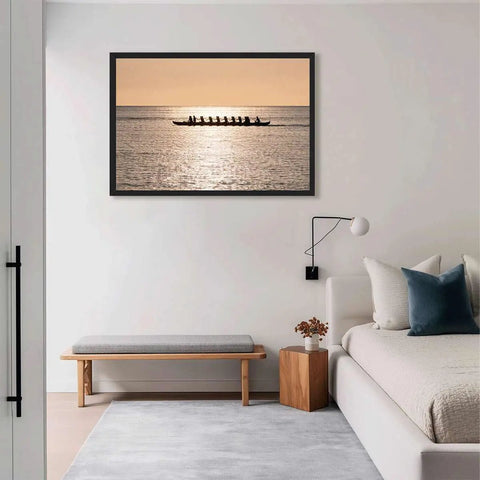 Sunset Rowing Team Canvas Print With Ocean Silhouette Minimalist Wall Art For Living Room And Office framed in black 24x36