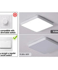 Square LED Flush Mount Ceiling Light 15.7 Inch 36W Modern Ceiling Lamp Turned On and Off, showing switch compatibility.