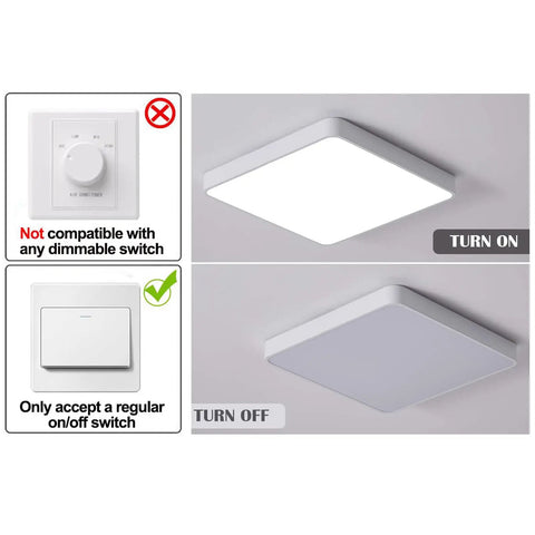 Square LED Flush Mount Ceiling Light 15.7 Inch 36W Modern Ceiling Lamp Turned On and Off, showing switch compatibility.