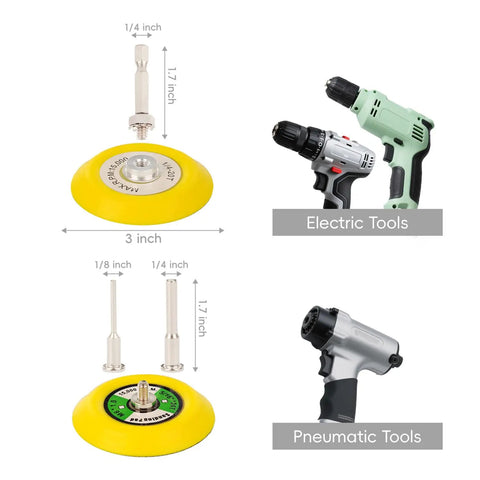 145 Piece 3 Inch Sanding and Polishing Kit with drill attachments and pads, electric and pneumatic tools shown, dimensions marked