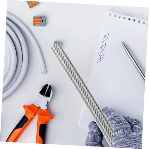 Durable 10 Piece Spring Tubing Bender Set For Plumbing And Electrical Projects with metal tubing, tools, and notepad.