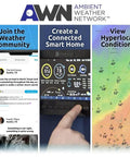 Screenshots of Ambient Weather Network app: community, smart home integration, and hyperlocal weather conditions.