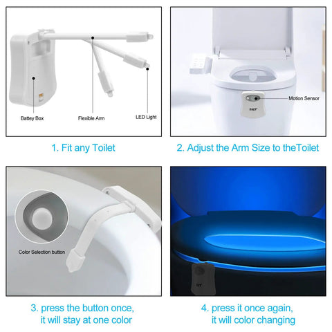 Motion Sensor Toilet Night Light With Eight Color Changing Led Glow For Bathroom Hands Free Auto On In Darkness Perfect For Midnight Pee Energy Saving Nightlight Fun Gift For Family showcased in use