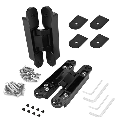 Concealed Door Hinges For 180 Degree Swing, 3 Way Adjustable, Black 6 Inch Pair with screws and installation tools