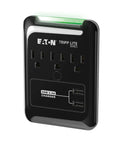Three Outlet Travel Surge Protector With Two USB Ports, 540 Joules, Portable Power Strip showing plug-in outlets and USB slots