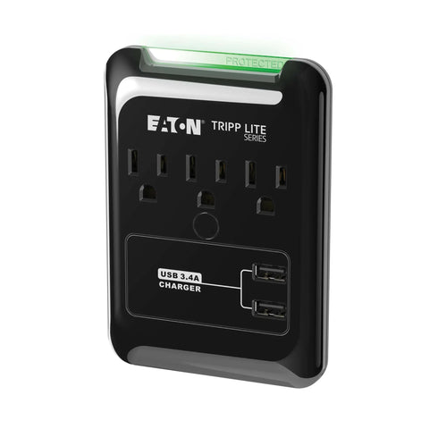 Three Outlet Travel Surge Protector With Two USB Ports, 540 Joules, Portable Power Strip showing plug-in outlets and USB slots