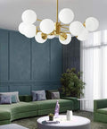 Modern Sputnik Chandelier Pendant Light With Darn Polished Copper Arms And Soft White Glass Shades Sweet Height Adjustable Design E27 Base Standard Bulbs Top Shelf Illumination For Home in a stylish living room setting.