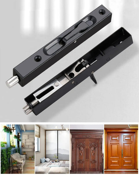 Top Tier Heavy Duty 6 Inch Stainless Steel Door Flush Bolts For Foolproof Sliding Latch Setup With Smooth Brushed Finish And Tucked Edge Mount on a gray background.