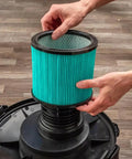 Person installing filter in 9 Gallon HEPA Dust Collector Auto Starts With Your Power Tools, Heavy Duty Portable Shop Vacuum