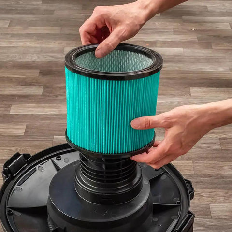 Person installing filter in 9 Gallon HEPA Dust Collector Auto Starts With Your Power Tools, Heavy Duty Portable Shop Vacuum