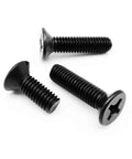 Rock Solid Black Carbon Steel Phillips Countersunk Head Screws M2x10mm 100 Piece Pack, three screws showing flat heads and threads.
